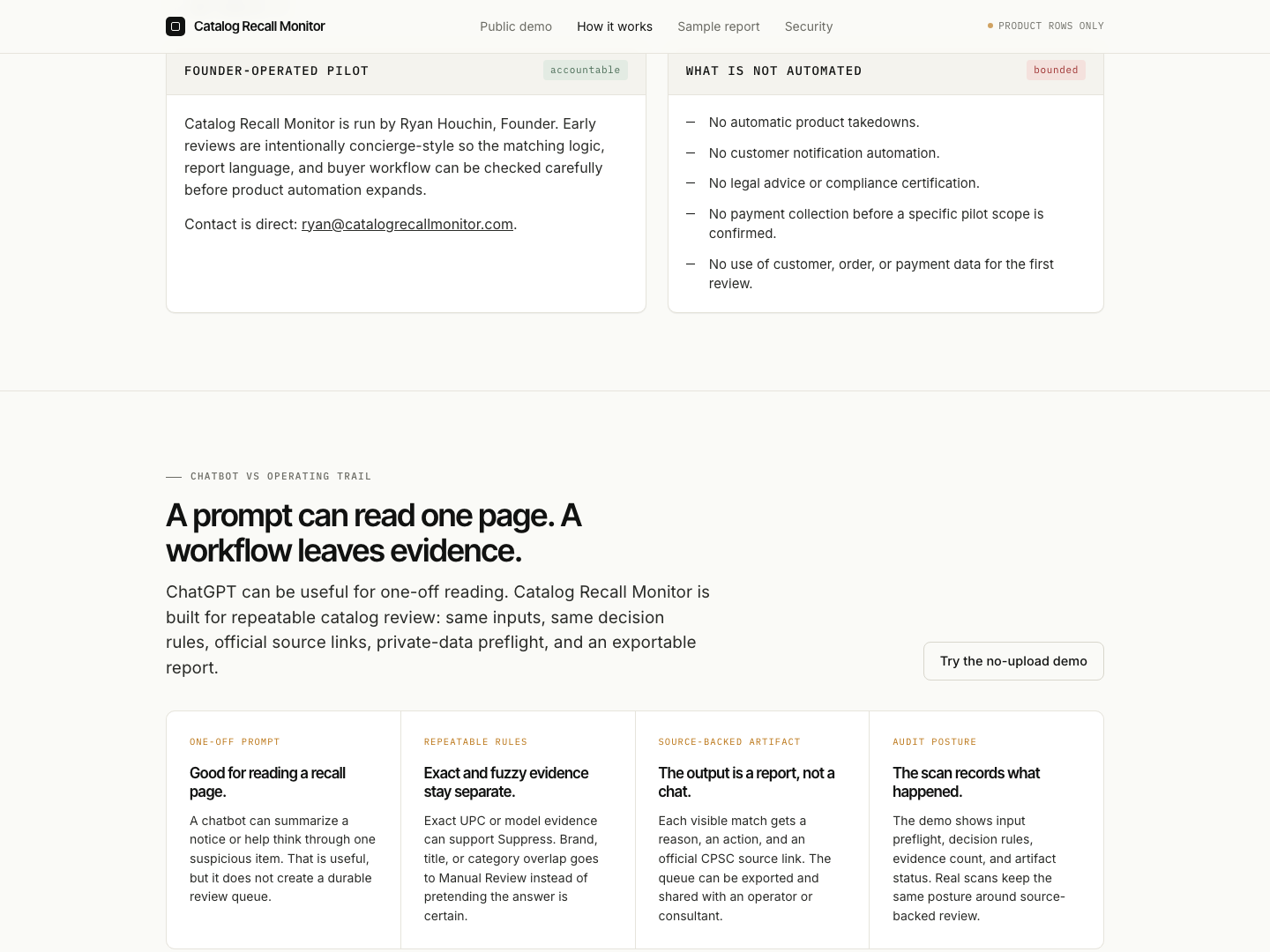 How it works page explaining chatbot versus operating trail